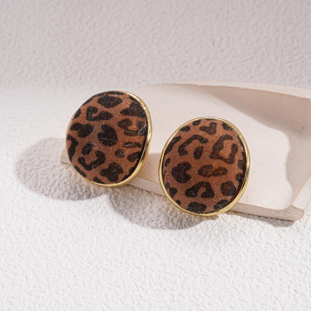 Autumn and Winter Flocking Leopard Print Geometric Round Water Drop U-shaped Ear Buckle Maillard Earrings