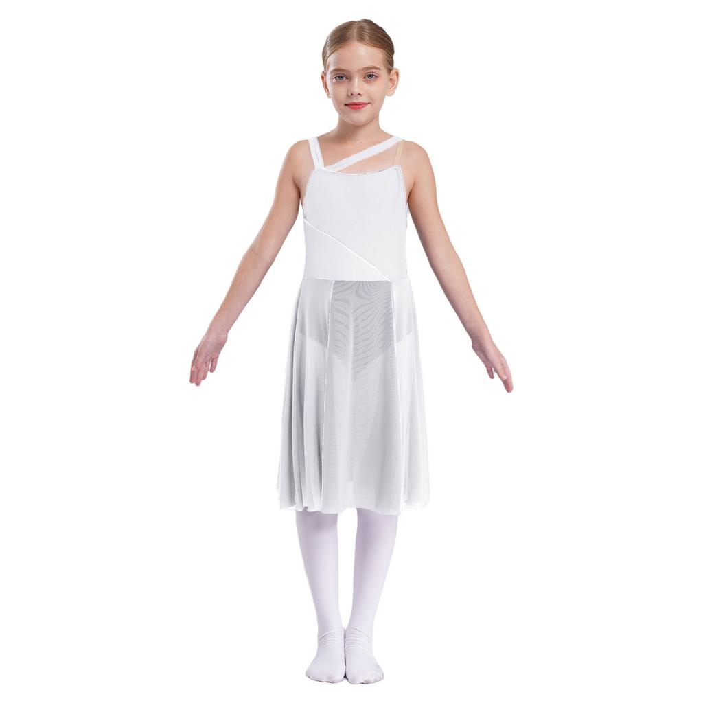 Girls Sleeveless Mesh Straps Color Contrast Leotard Dress for Lyrical Contemporary Dance Performance