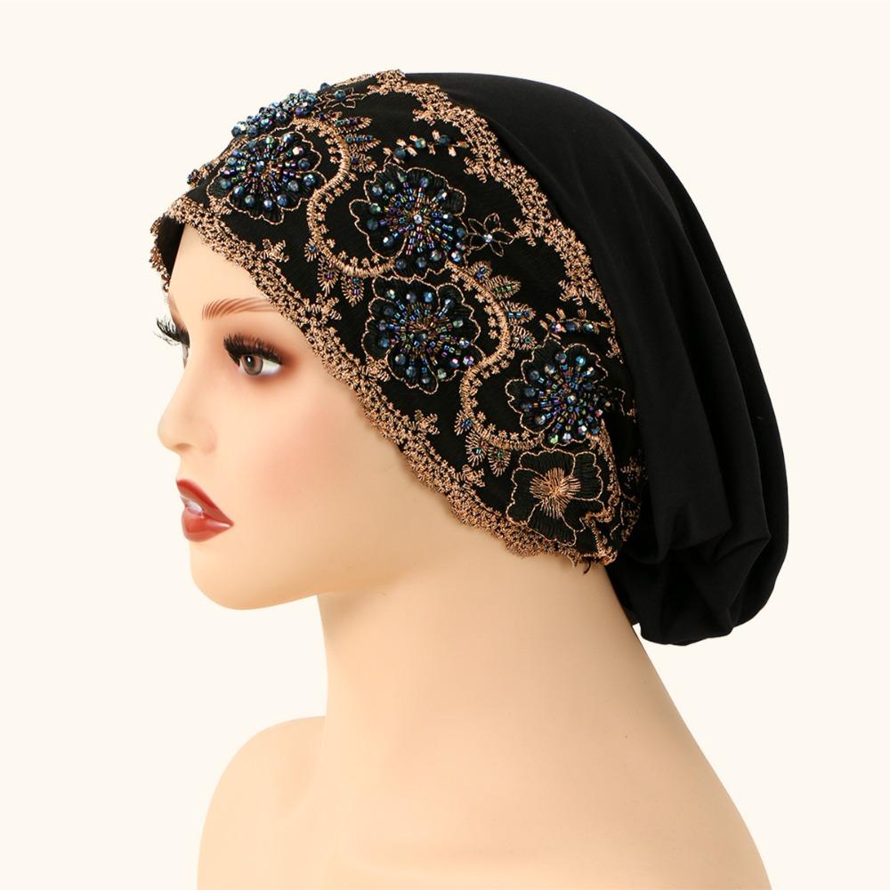 

Women Head Cover Hat Lace Islamic Headwear Bonnet New Turban Cap чорний