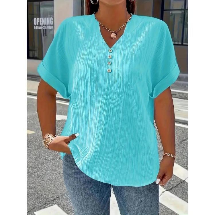 New Four Season Fashion Button Down Short Sleeve T Shirt Elegant Solid Color Casual Womens Plus Size