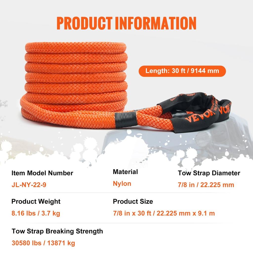 7/8" X 30' Kinetic Recovery Tow Rope 30580lbs, Heavy-Duty Off Road Snatch Strap with 2 Soft Shackles (41750lbs) Extreme Duty 30% Elasticity Energy
