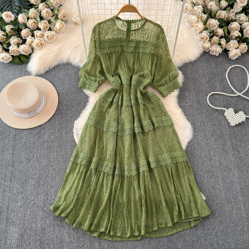 

Платье с высокой талией и круглым вырезом, рукавами-фонариками, женское, пэчворк, кружево, ажурное, для пожилых людей, облегающее, во французском стиле, со сборками, новое One Size зелёный
