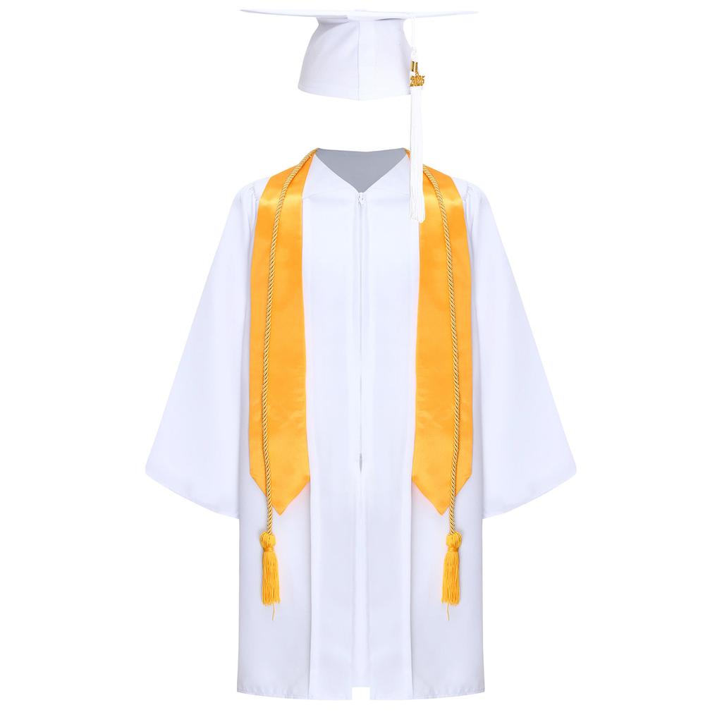 Unisex Kids Graduation Gown Set V Neck Long Sleeve Front Zipper Robe Academic Hat Stole Tassel Ceremony Outfit