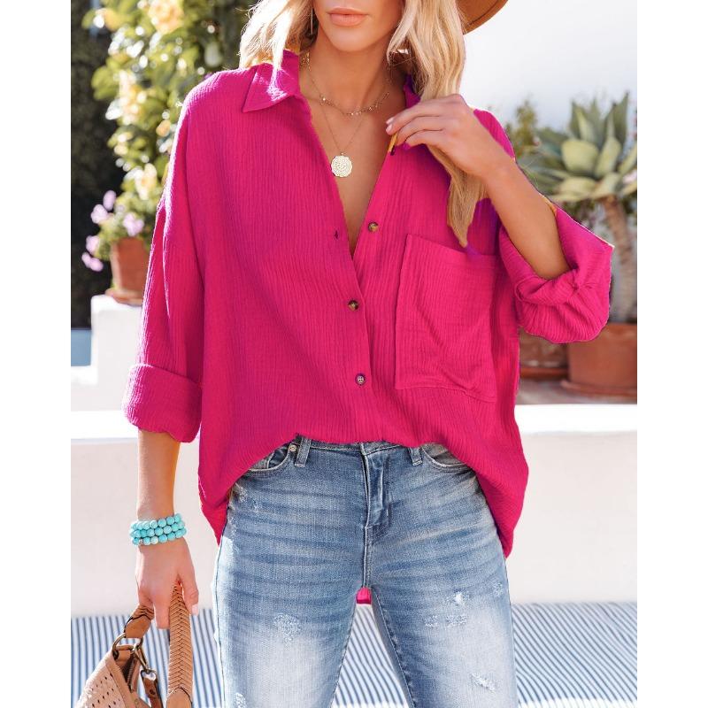 

Весенне-осенняя женская рубашка больших размеров, модный топ с длинными рукавами и карманами ярких цветов L розы красного