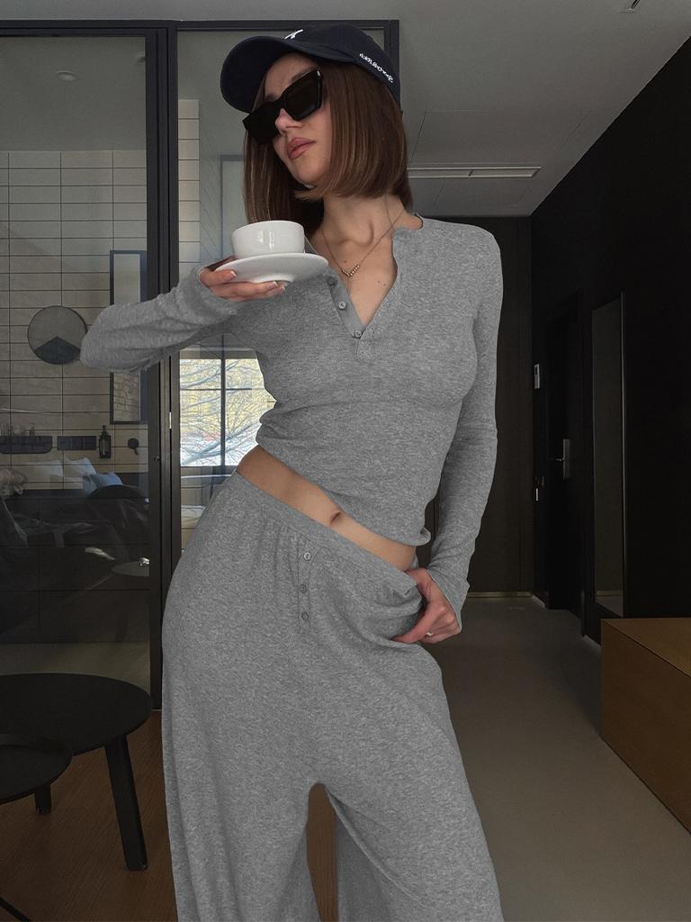 Lazy Style Two Piece Set 2026 Spring Summer Henley Neck Crop Top Jogger Pants Tracksuit for Women
