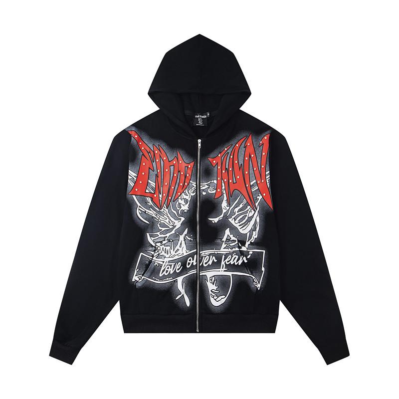 Cross-border trendy brand MIXED & EMOTION ironed diamond letter pattern pullover hooded sweater men's and women's cardigan jacket