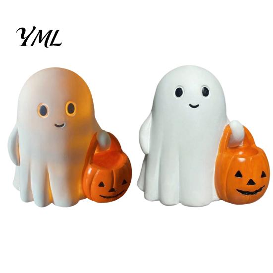 Glowing Desk Ornament Halloween Holding Pumpkin Ghost Figurine, Spooky Statue with Holiday Night Light, Resin for Tabletop Centerpiece