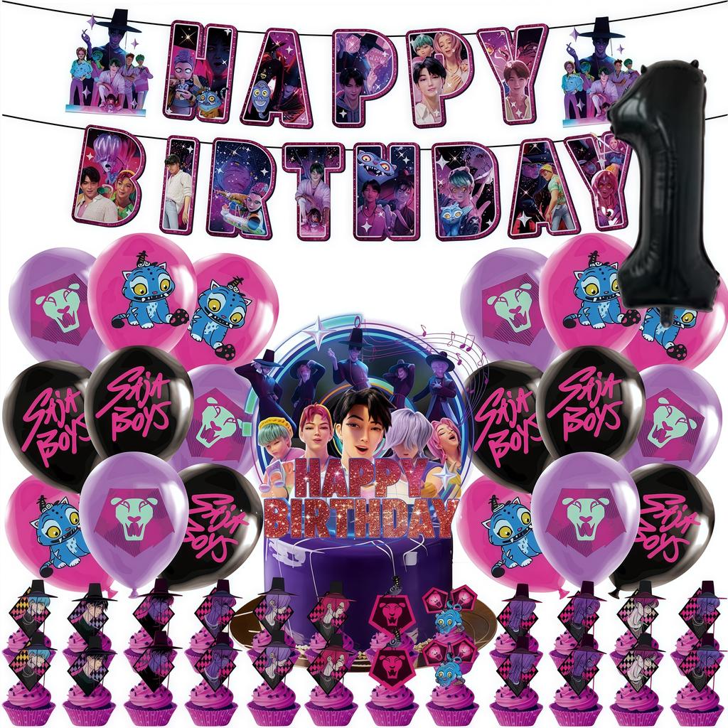 Saja Boys kpop Cazadores de Demonios Merch Set de Decoración para Fiesta Topper para Tarta Globos Fondos de Cumpleaños Suministros para Disfraces Geniales para Niños Fiesta