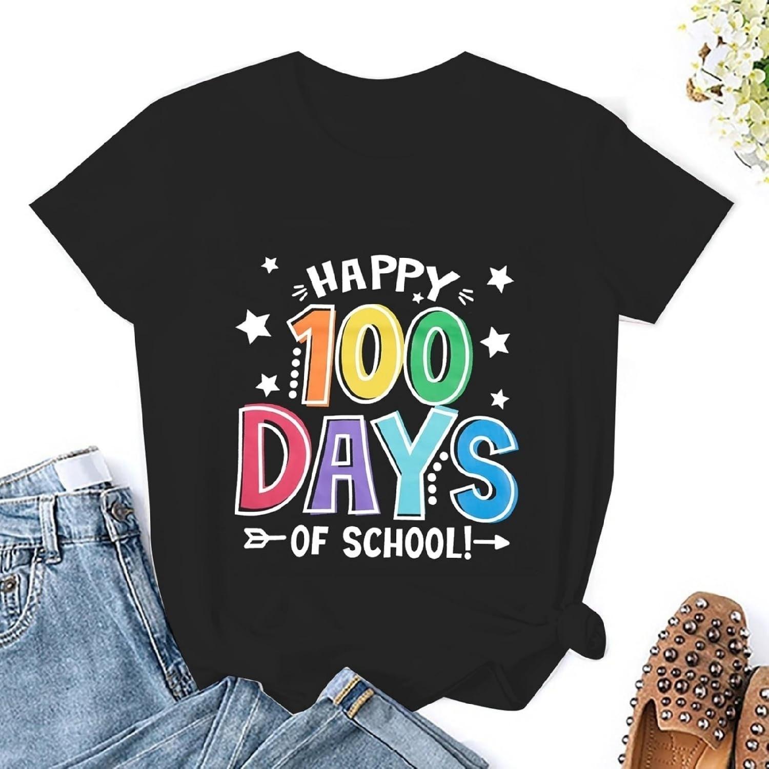 Футболка 100 дней школы Женская Счастливый 100-й день школы Футболка Смешная футболка для учителя и ученика Топы Футболка с коротким рукавом S