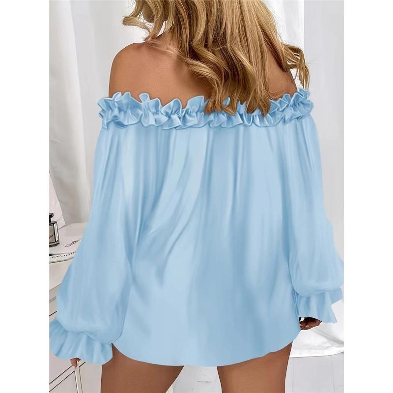 Women's Casual Off-shoulder Ruffled Sleeves Solid Color Loose Large Size T-shirt Clothes Sale