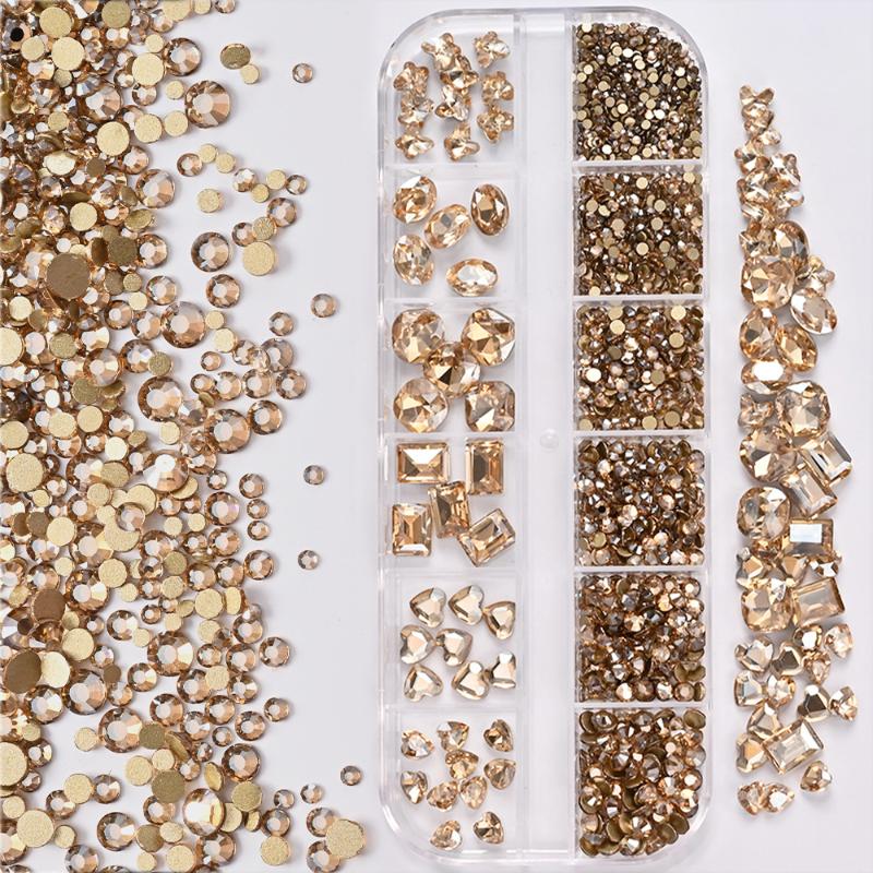 12-Grid 3D Nail Art Rhinestones Set Super-Shiny Flatback Adhesive Rhinestones for DIY Decorative Nail Art Multiple Shapes