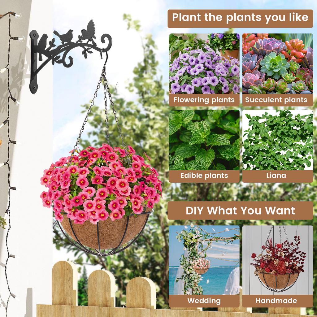 4Pcs 10 Inch Hanging Flower Basket Outdoor Coco Liner Round Hanging Flower Pot with Chain and Hook Metal Plant Basket for Garden