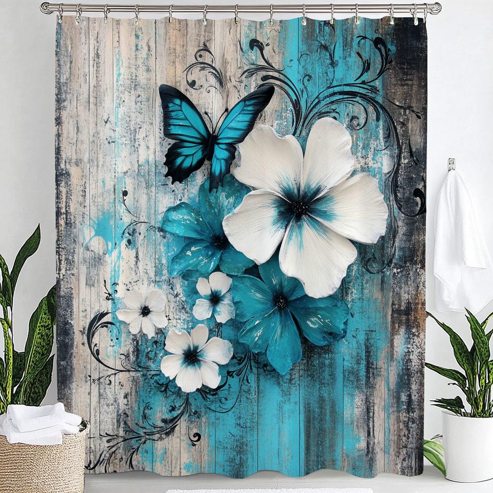 Blue Butterfly Floral Shower Curtain, Bathroom Decorative Shower Curtain, Printed Polyester Fabric Shower Curtain with Hooks