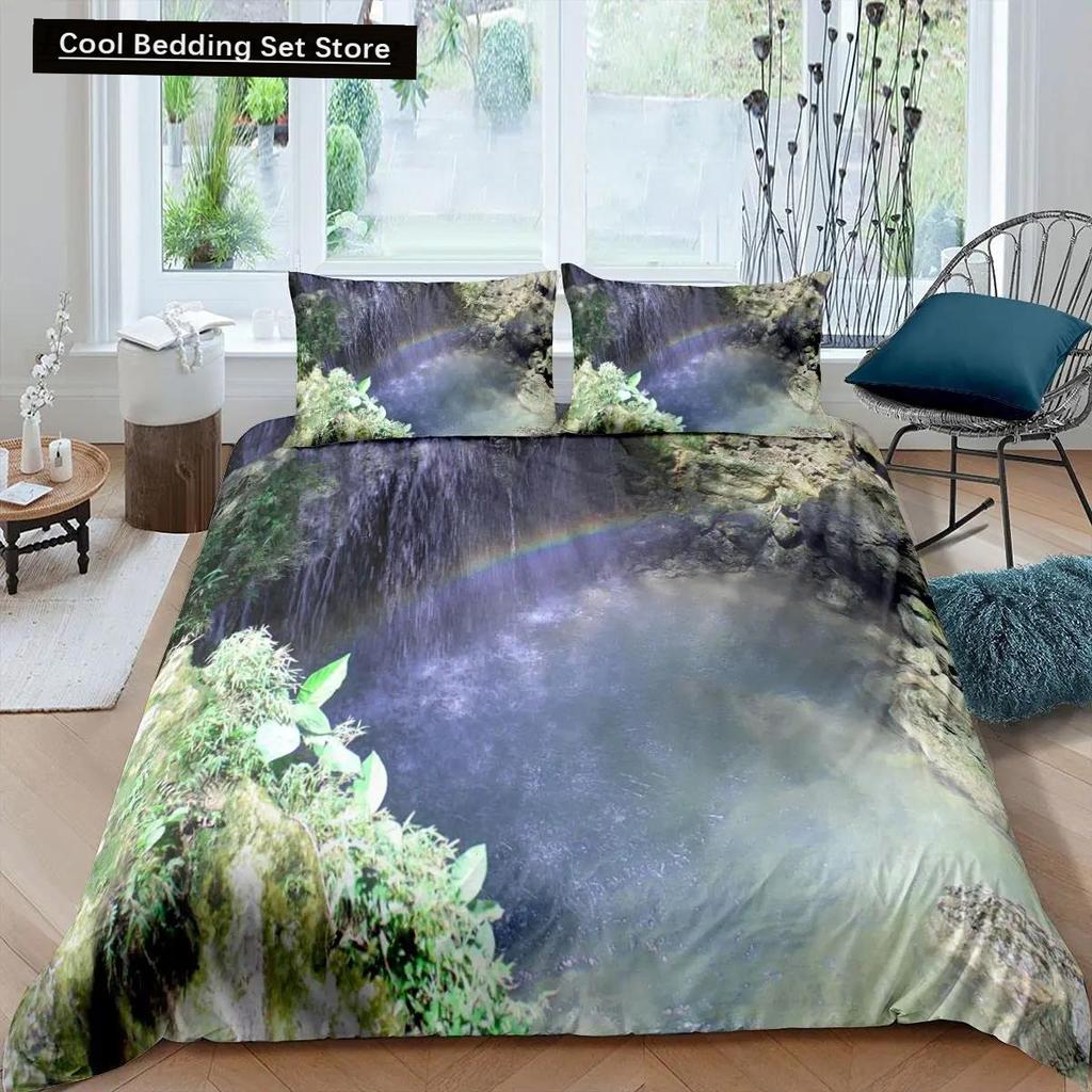 Dumanlı Dağ Nevresim Takımı Çam Ağaçları Yorgan Kılıfı Erkek Çocuk Manzara Yorgan Kılıfı Doğal Manzara Sanat Polyester Yatak Takımı