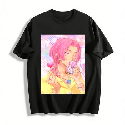 Cool Pink Hair Guy Printed T-Shirt Trendy Casual Loose Top For Teens Daily Wear Pure Cotton T-shirt