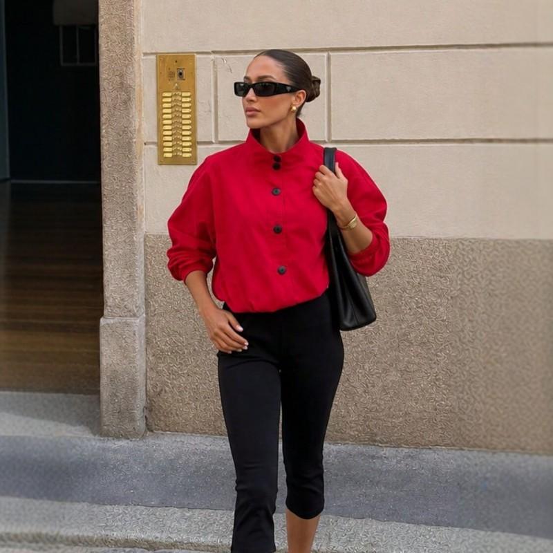 Womens Short Loose Fit Stand Collar Long Sleeve Jacket With Single Button Casual Chic Outerwear