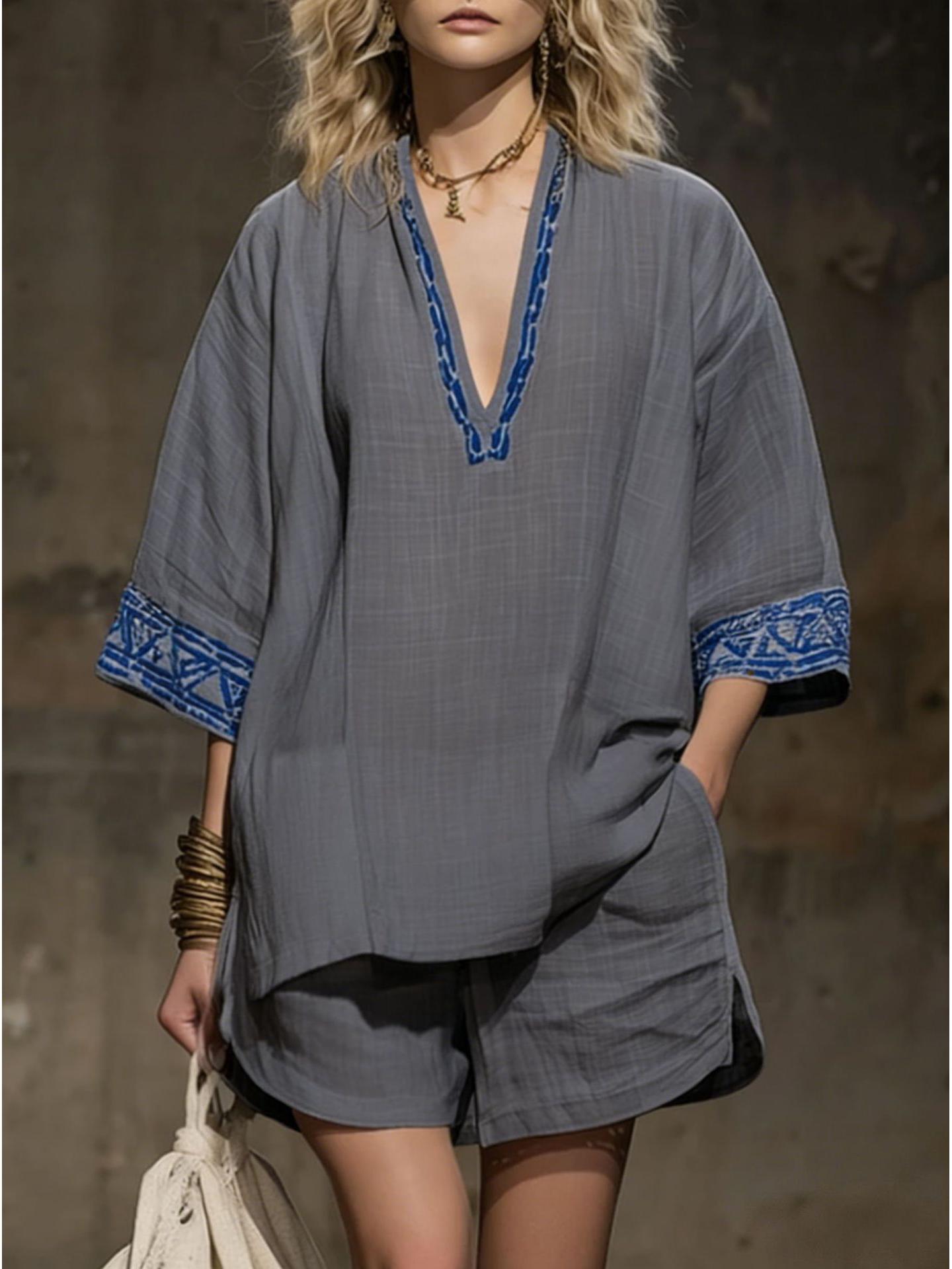 

Bohemian Linen Print V-neck Short Sleeve & Shorts Women s Set 3XL сірий колір