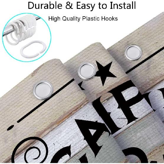 Camper RV Shower Curtain for Travel Trailer Bathroom, Farmhouse Camping Rules Quote Small Narrow Shorter Fabric Shower Curtains Set, Happy Camp