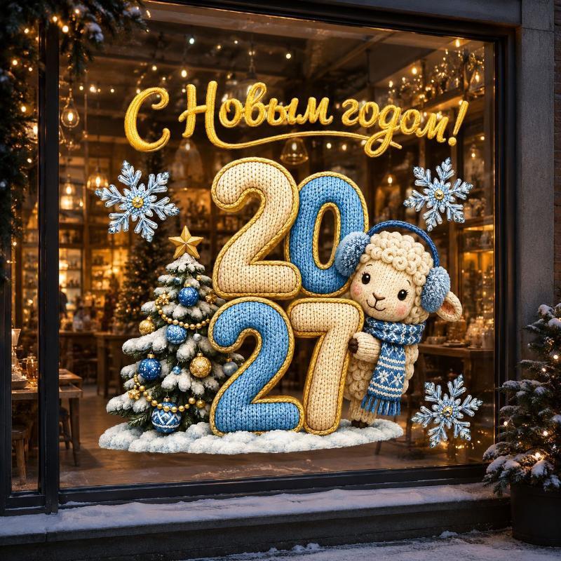 2027 New Year Window Sticker Cute Knitted Sheep Snowflake Pattern Self Adhesive For Home Holiday Party Decorations