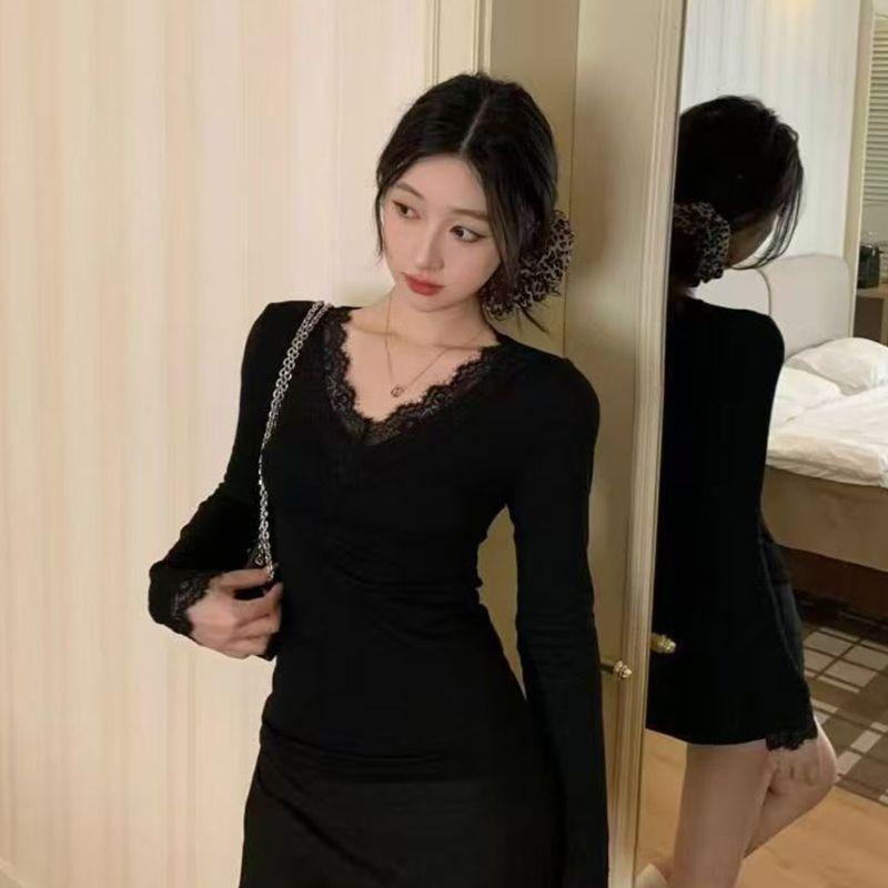Women S Long Sleeve V Neck Lace Thermal Fitted Base Top