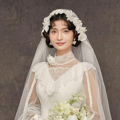 Retro Panna Młoda Ręcznie Robiony Kwiatowy Welon Piękne Romantyczne Zdjęcie Studyjne Akcesoria Ślubne