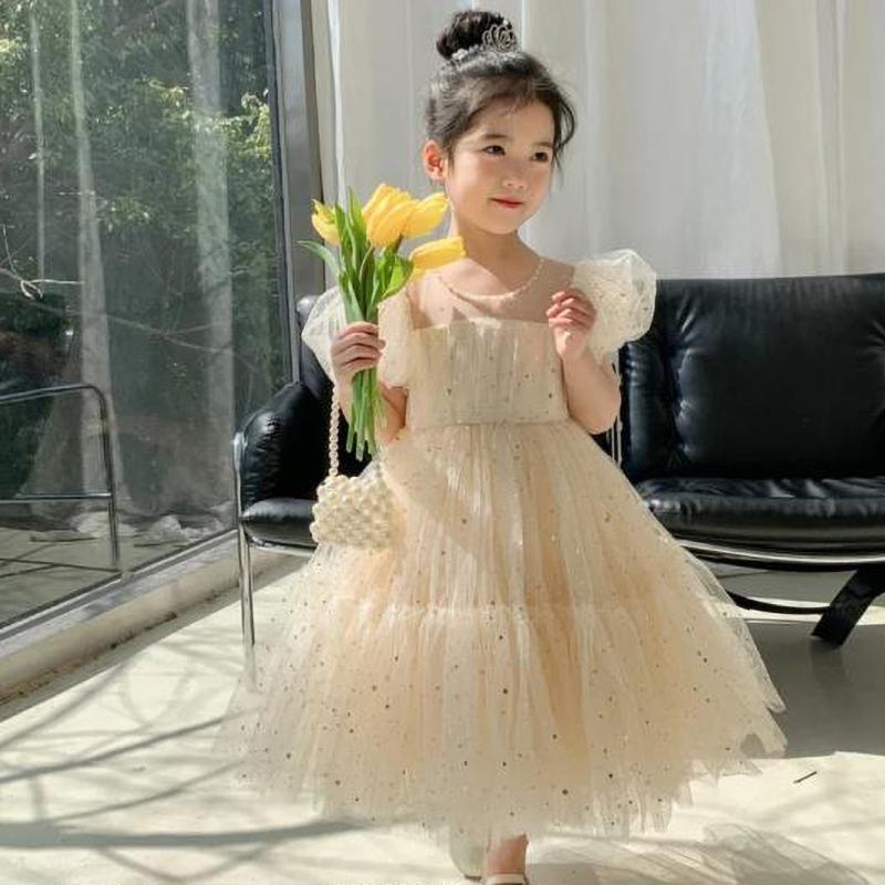 Dress Girls Princess Birthday Party Bow Summer Skirt Baby Girl's Bubble Sleeve Mesh Sequin Sweet Cute