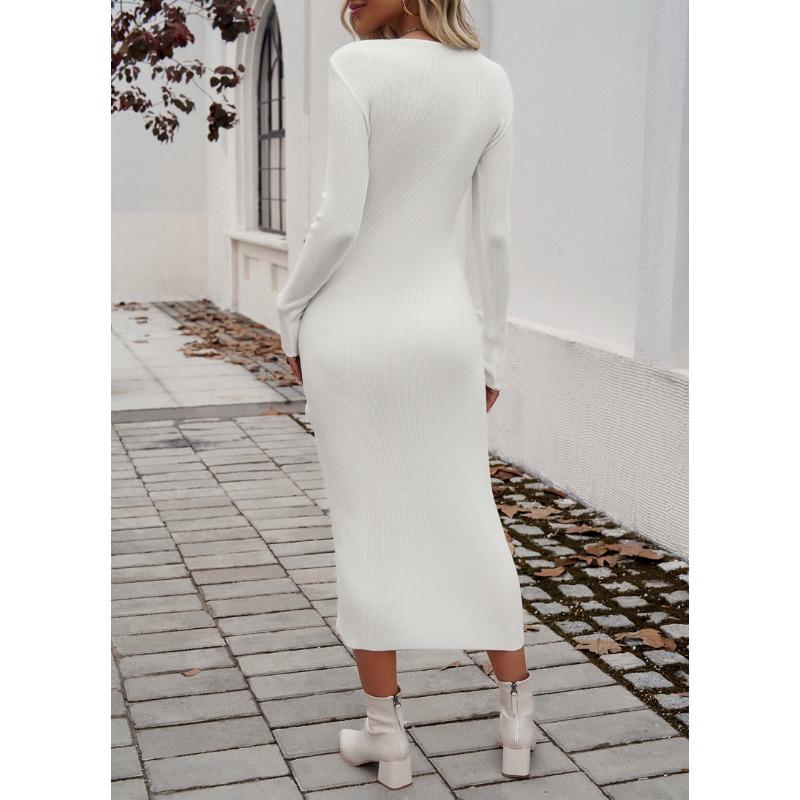 Rochii de toamnă și iarnă pentru femei, temperament, sexy, cu pachet pe șold, cu gât rotund și crăpătură