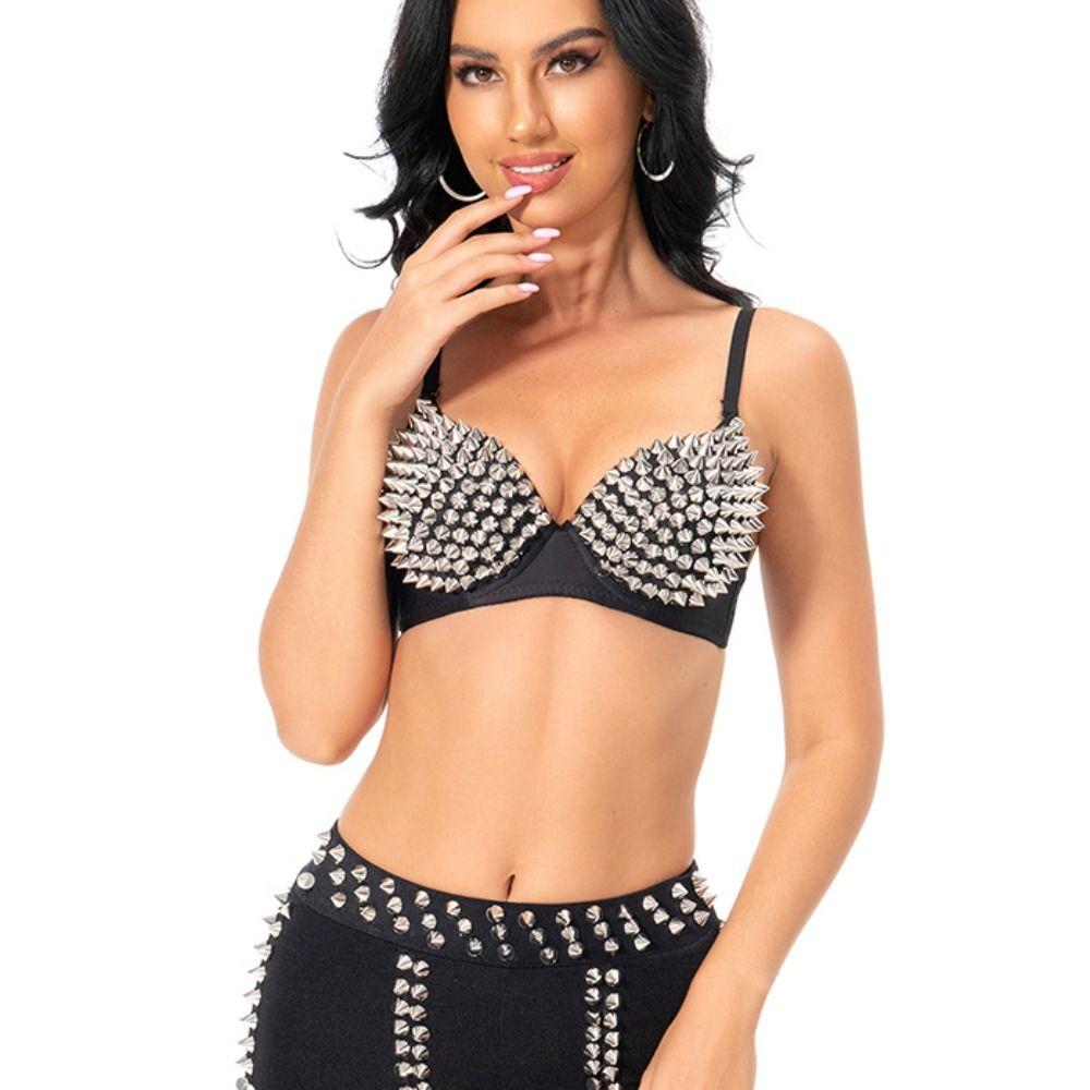 Punk Push Up Bra Deep-V Underwear for Women Fashion Y2k Rivet Bra Girl