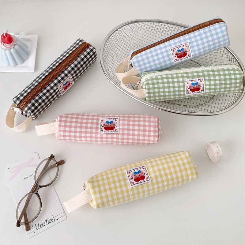 Cute Plaid Large Capacity Pencil Case Pen Bag Kawaii Stationery Storage Bag Suitable For Back-To-School Season Girls