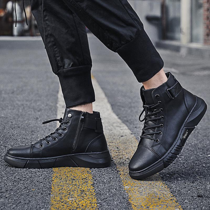 Men's Genuine Leather Black Martin Boots with Velvet, 2022 Spring High-Top Trendy Shoes