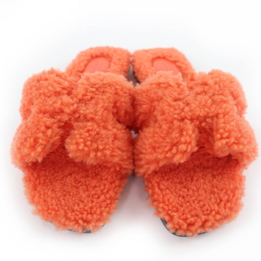 Pristine HERMES Sandals Orang Boa flat mules Orange Mouton Women 35.5 Used