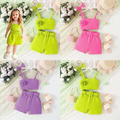 Summer Girls' Fashion Set: Multi-color Cute Flower Halter Top + Shorts + Belt + Hair Accessory Set