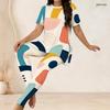 Women Plus Size Geometric Printed Round Neck Short Sleeve Long Top And Long Pants Two Piece Set
