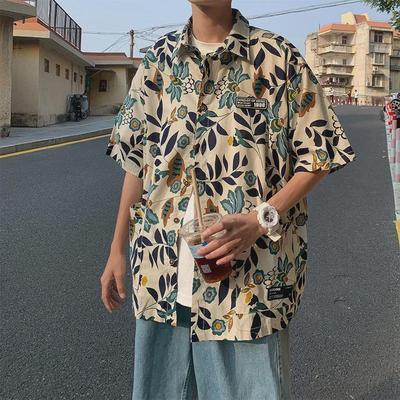 Erkek Retro Kısa Kollu Japon Hip-Hop Günlük Hawaii Gömleği