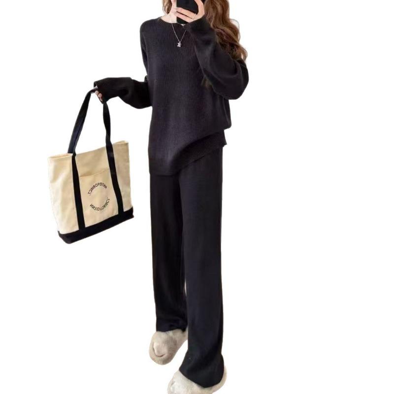 Large size loose knitted sweater women's two-piece set autumn and winter new round neck pullover sweater wide-leg pants set women