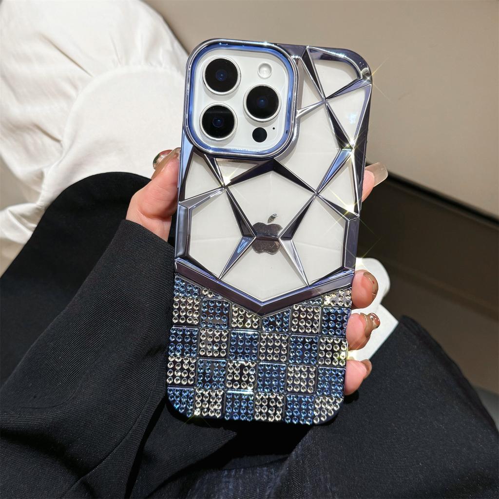 For iPhone 16 Pro Case Geometric Diamond Pattern Rhinestone Decor Electroplating TPU Phone Cover