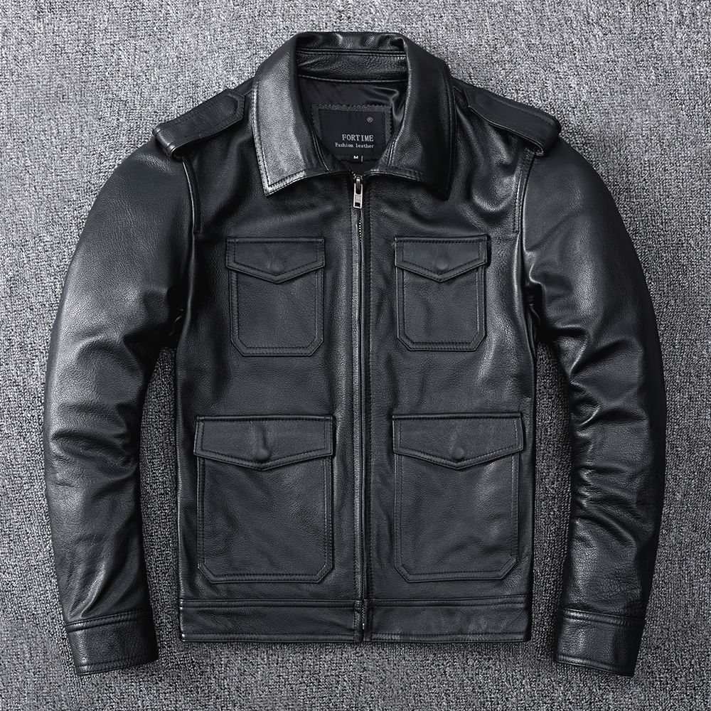 Pure Cowhide Genuine Leather Leather Jacket for Men Motorcycle Short Lapel Multi-pocket Leather Jacket