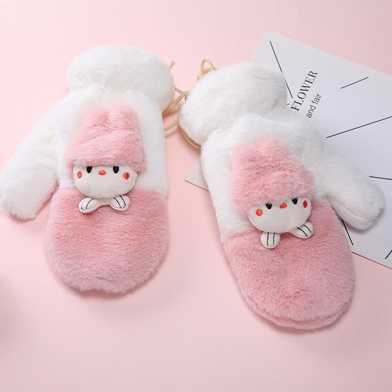 Winter outdoor cold-proof plush thickened warm gloves women's new casual neck cute plush full finger