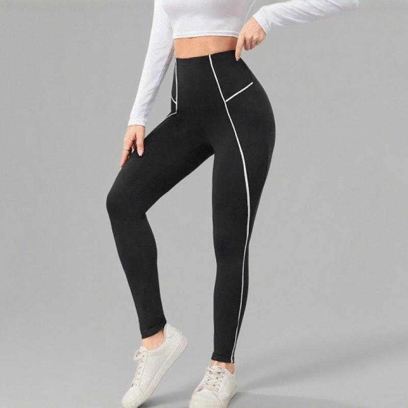 High Waist Black Yoga Leggings Women With White Side Stripe Slim Fit Athletic Workout Pants