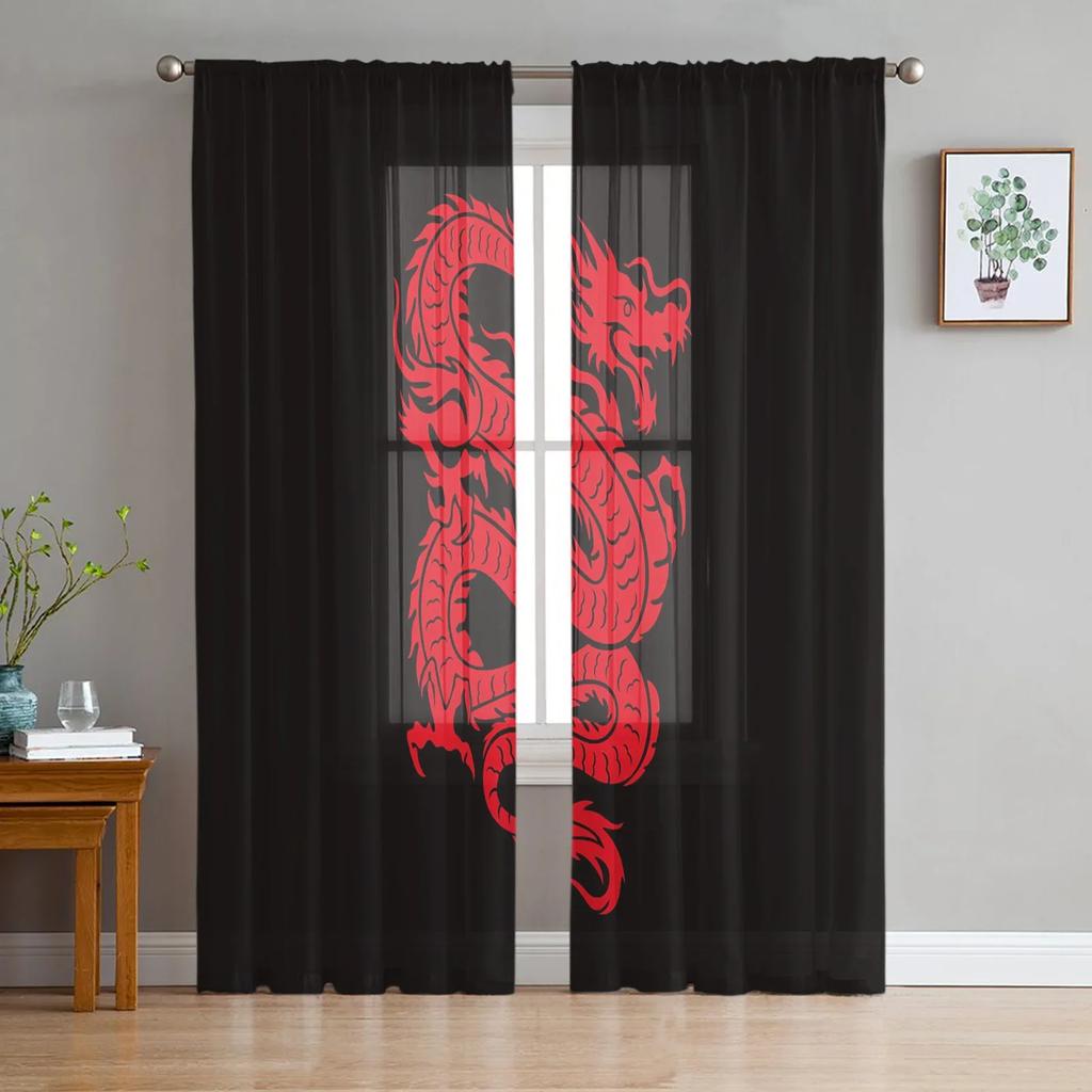 Asian Red Angry Dragon Chiffon Sheer Curtains for Living Room Bedroom Home Decoration Window Voiles Tulle Drapes Curtain