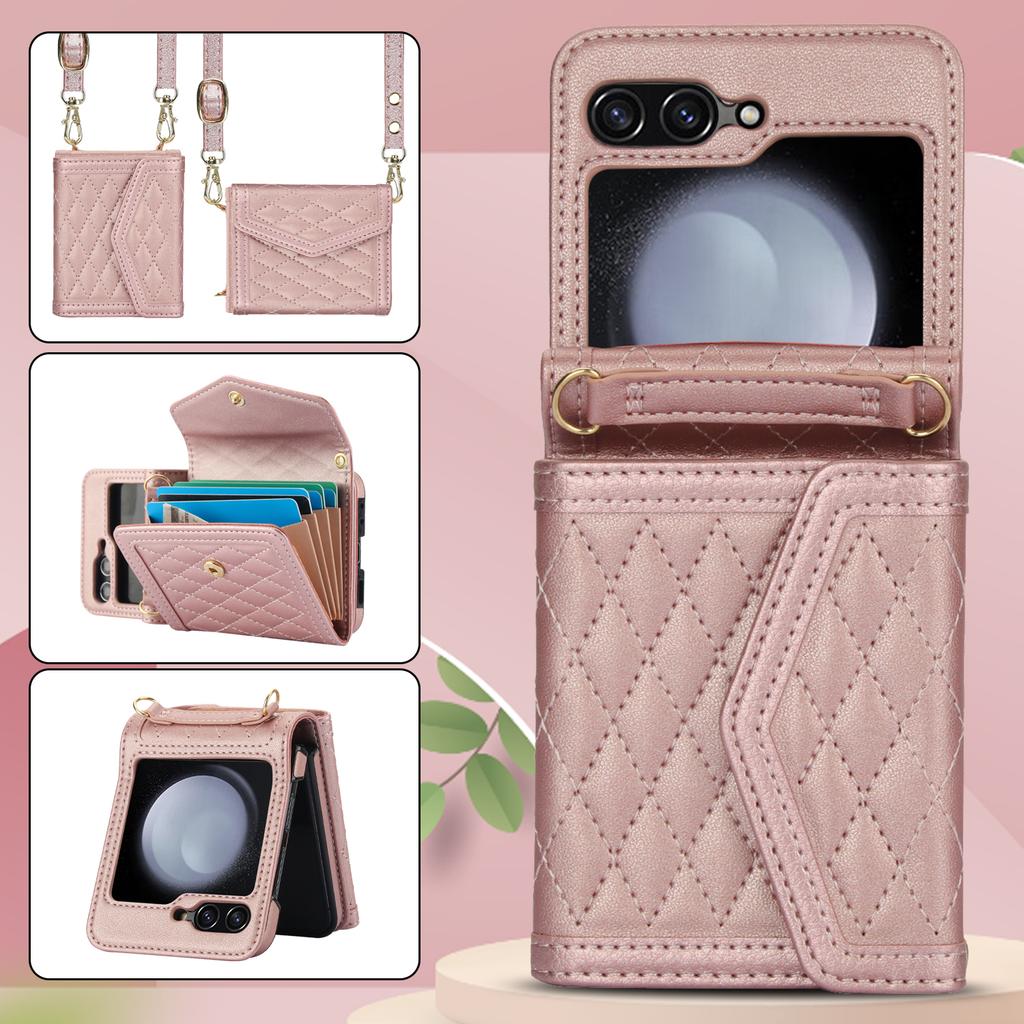 For Samsung Galaxy Z Flip5 5G Crossbody Case Card Holders PU Leather+PC Phone Cover RFID Blocking