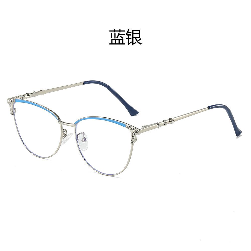 Cat eye glasses new diamond-encrusted plain glasses frame fashionable spring foot discoloration anti-blue light metal glasses