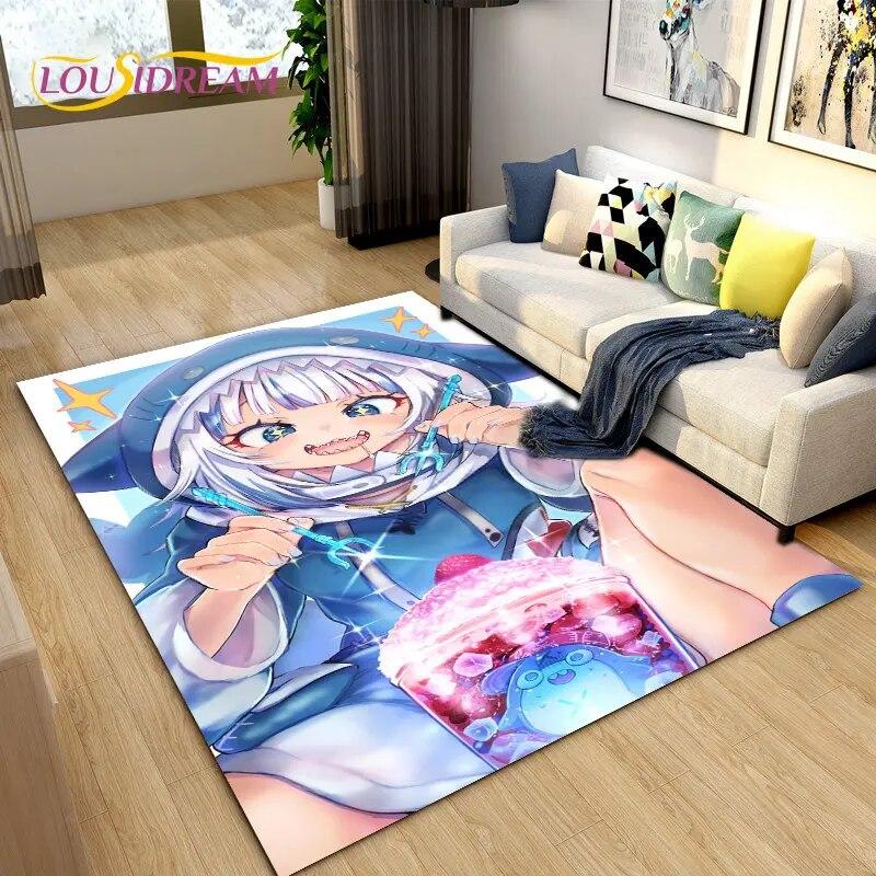 Cute Anime Gawr Gura Hololive Shark Area Rug,Carpet Rug for Living Room Bedroom Sofa Doormat Decoration, Kids Non-slip Floor Mat