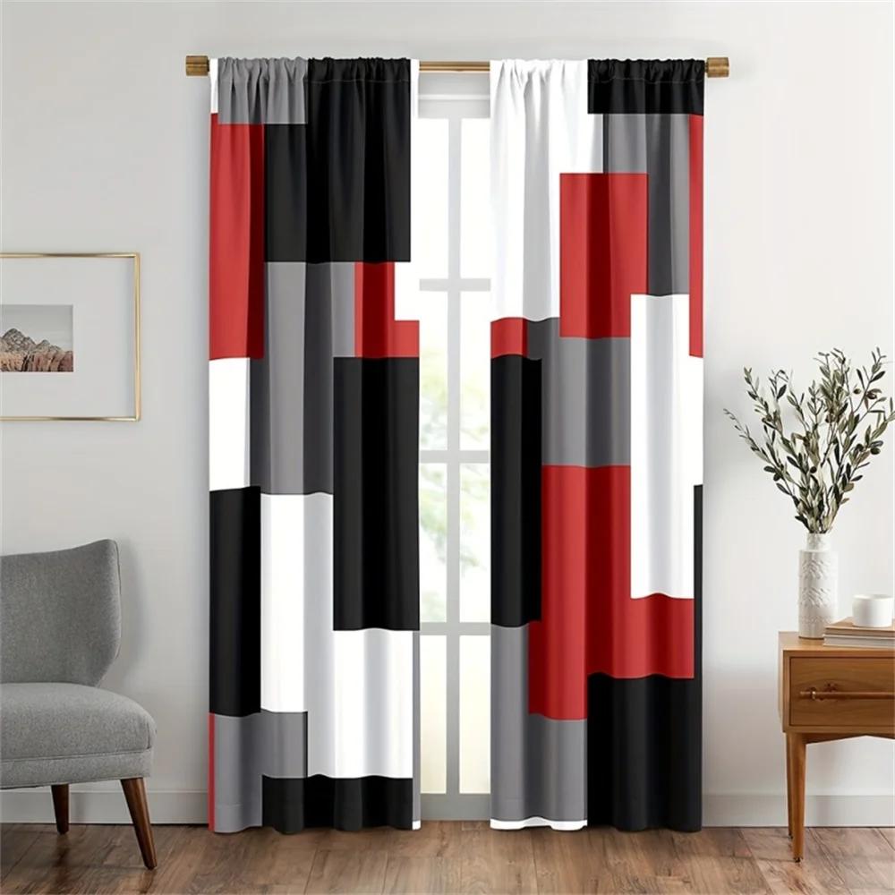 2PCS Abstract Geometric Stripes Rectangles Red Black Modern Light Filtering Curtains for Living Room Bedroom Window Drape Decor
