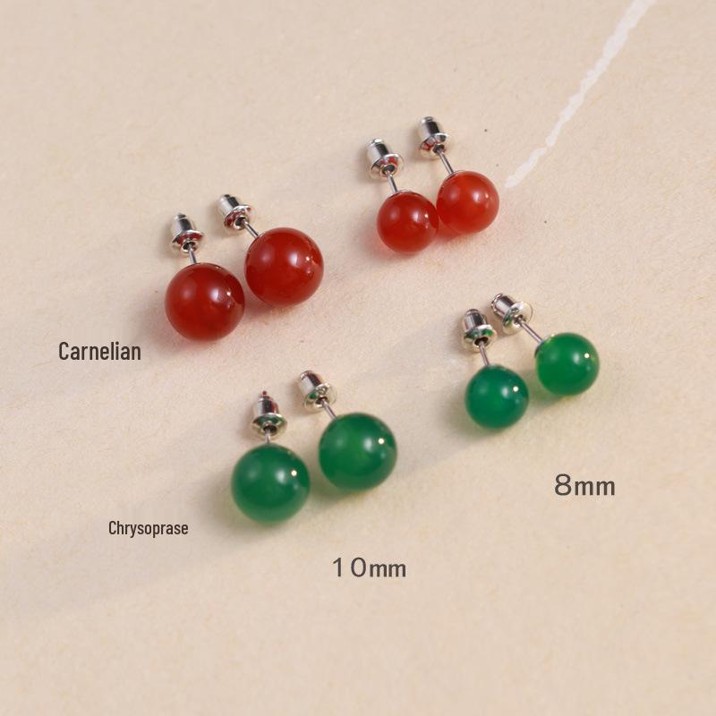 

Серьги-пусеты из чистого серебра 999 пробы с сверкающим красным и зеленым халцедоном - Элегантный ретро дизайн высокого класса