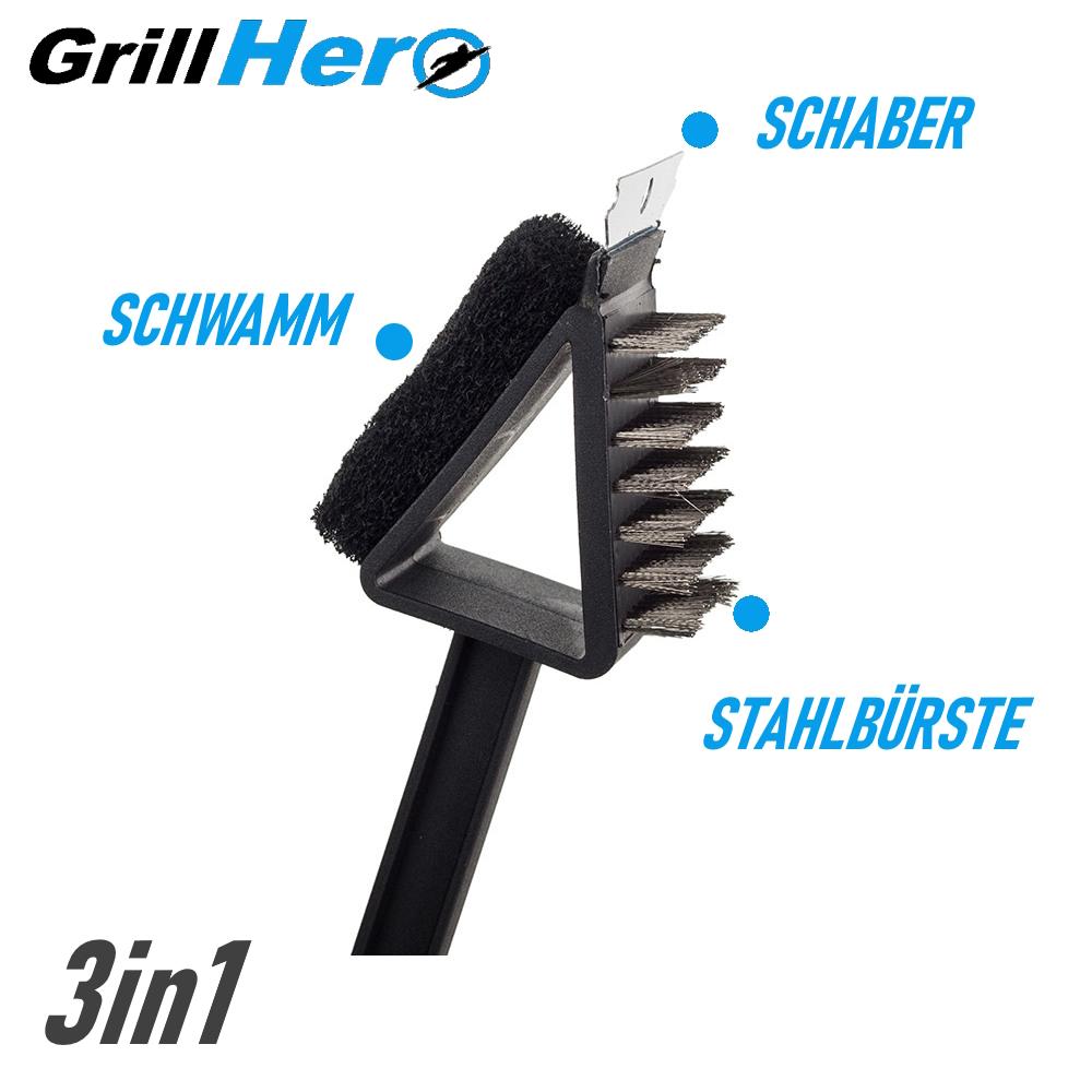 GRILLHERO 3in1 Grillreinigungsbürste Profi Grillbürste Grill Grillrost rostfrei