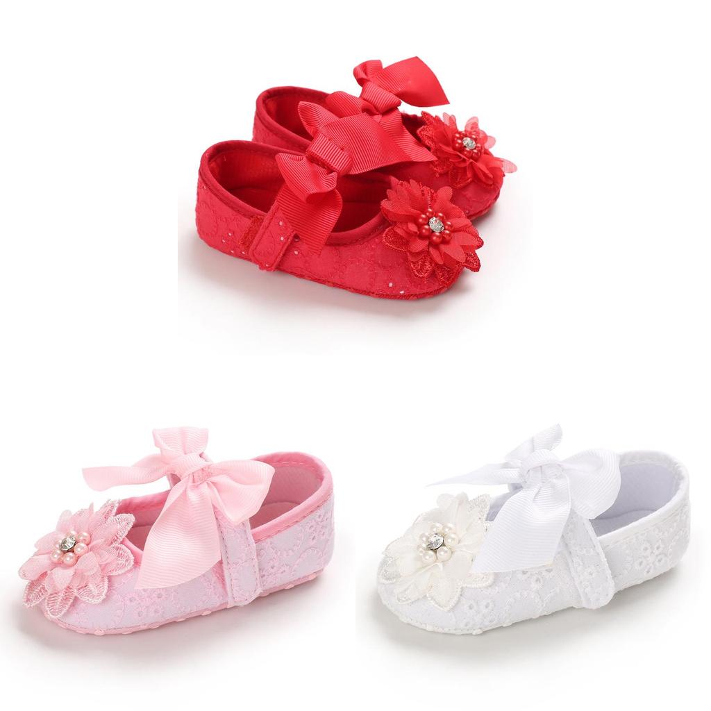 Prinzessinnen-Schuhe für Mädchen mit Blumen- und Schleifenverzierungen für Kleinkinder zum Laufen 0-6 Monate