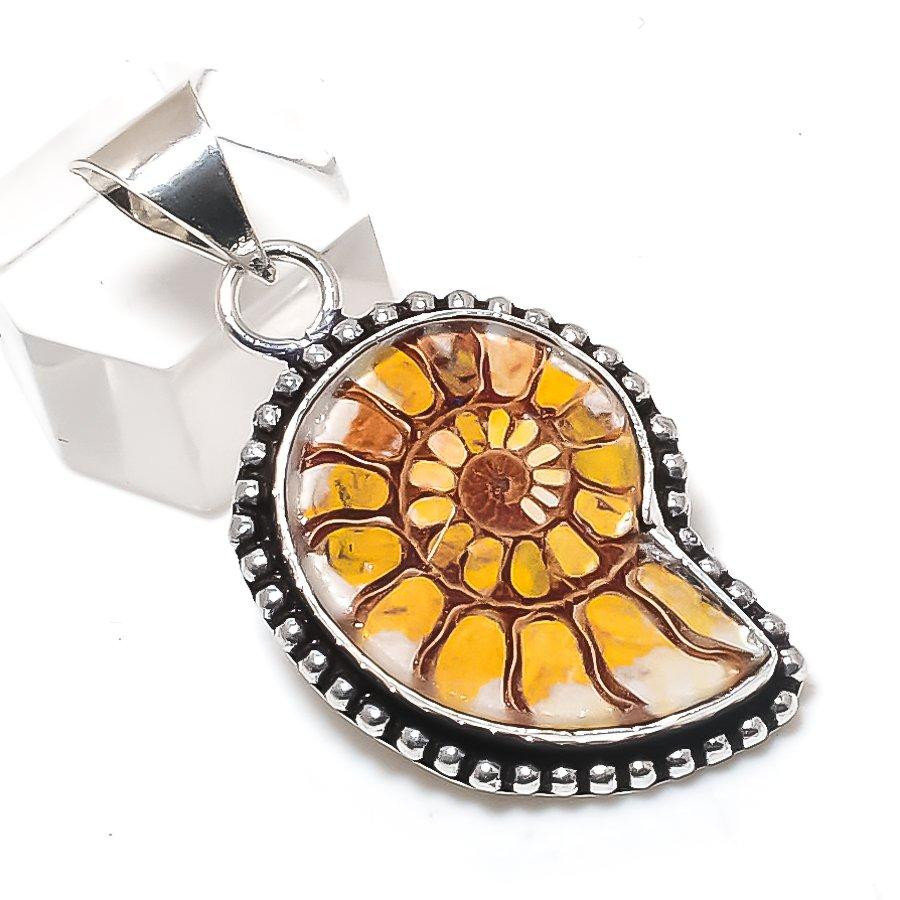 Natural Ammonite Fossil Gemstone 925 Sterling Silver Jewelry Pendant 1.81" Y4K10