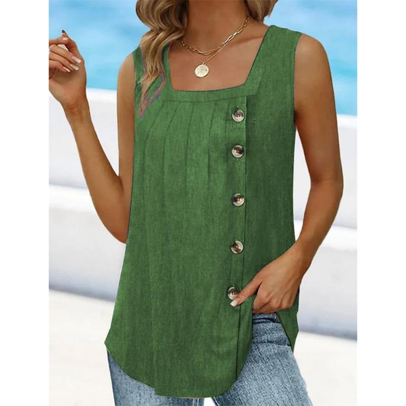 Sleeveless Buttons Pleated Women Blouse Loose Vest Summer Casual Fashion Square Collar Ladies Tank Tops Solid Color Shirts Basic Clothing
