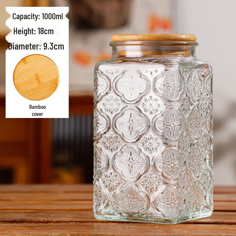 Retro Carved Storage Jar with Acacia Wood Lid for Grains, Dried Fruits, and Snacks